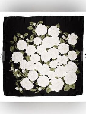 Vintage CHANEL Black Silk Scarf with White Flowers and Green Leaves
